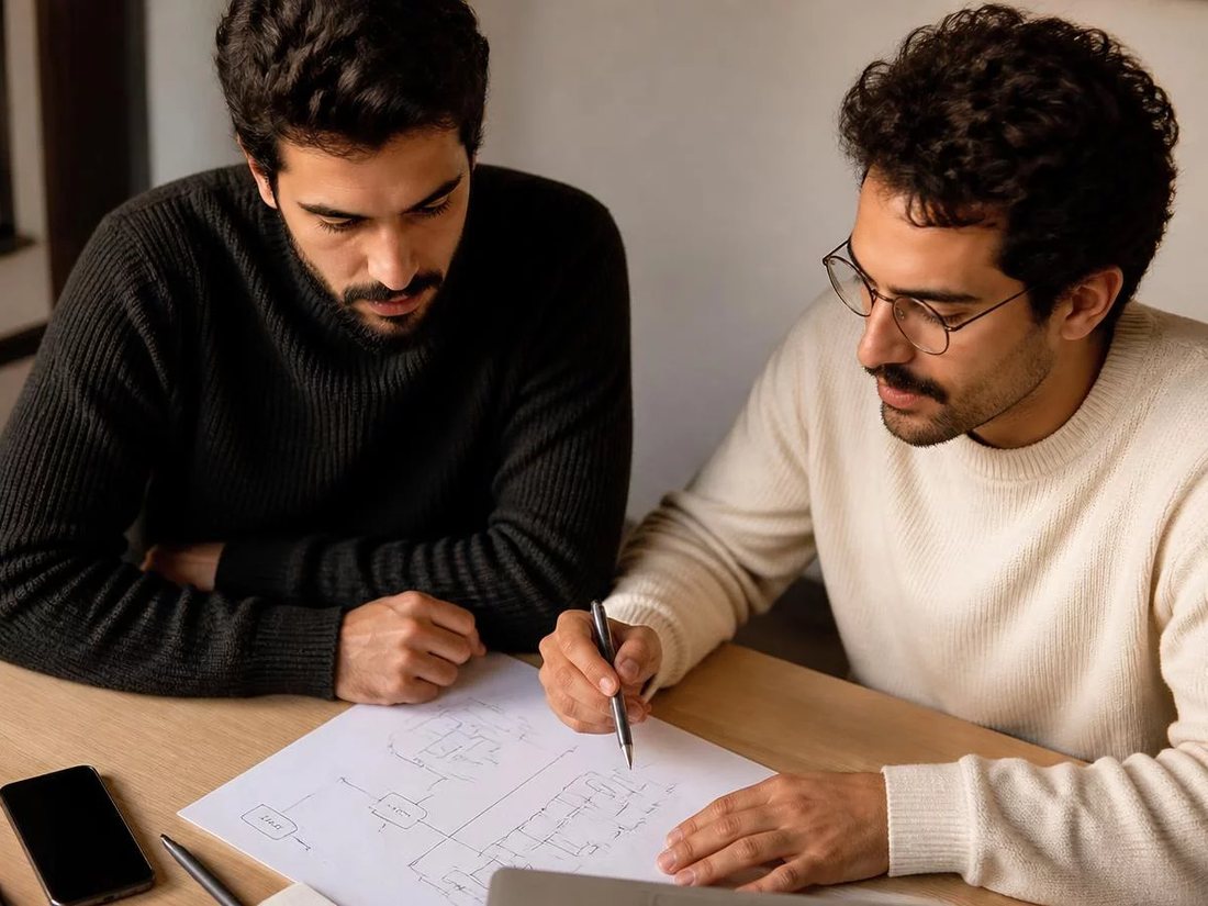 Duas pessoas relendo anotações num tablet apoiado numa mesa de madeira